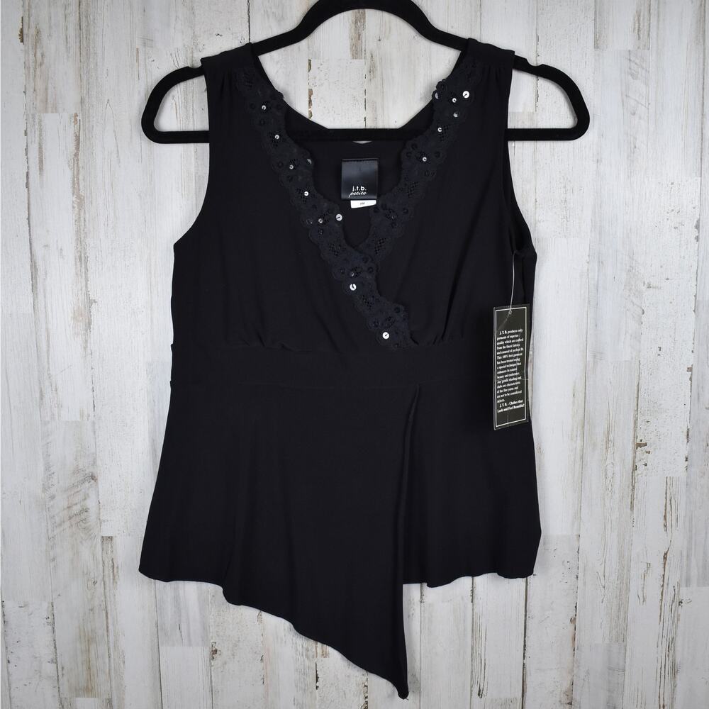 Y2K Vintage Sequin Tank Top Medium Petite Black Lace Trim Party Blouse Gothic MP